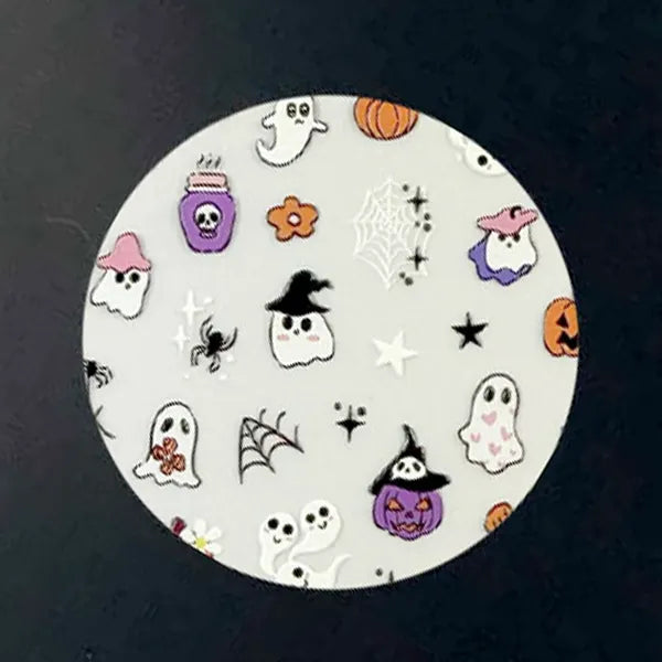Ghost Garden Halloween nail decal sheet with ghosts, pumpkins and daisies