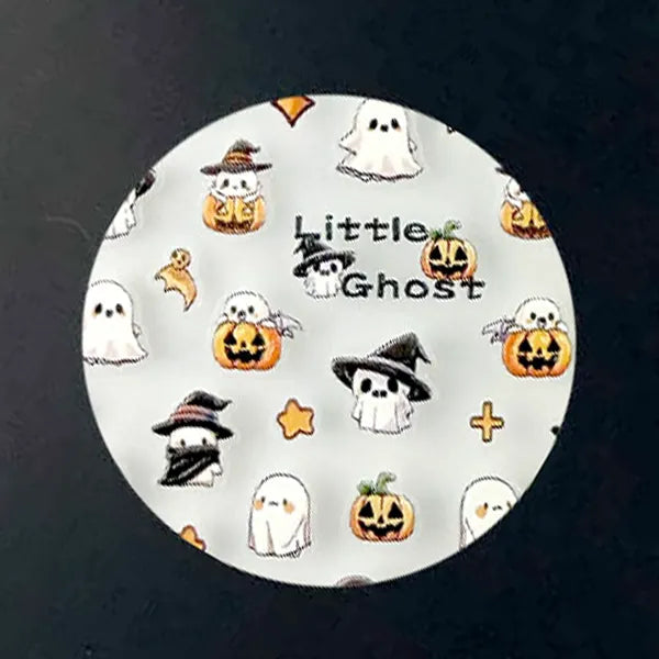 Little Haunts nail decal sheet with ghosts in witch hats and pumpkins