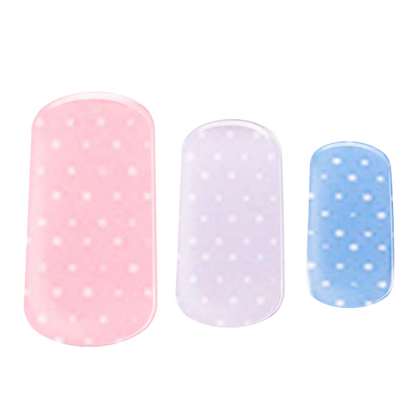pastel pink purple and blue Semi-cured gel nails with white dots feature an image showing 3 sizes snapshot on white background