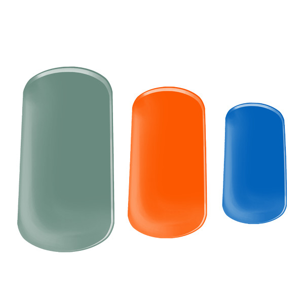 multi green, orange blue Semi-cured gel nails feature an image showing 3 sizes snapshot on white background