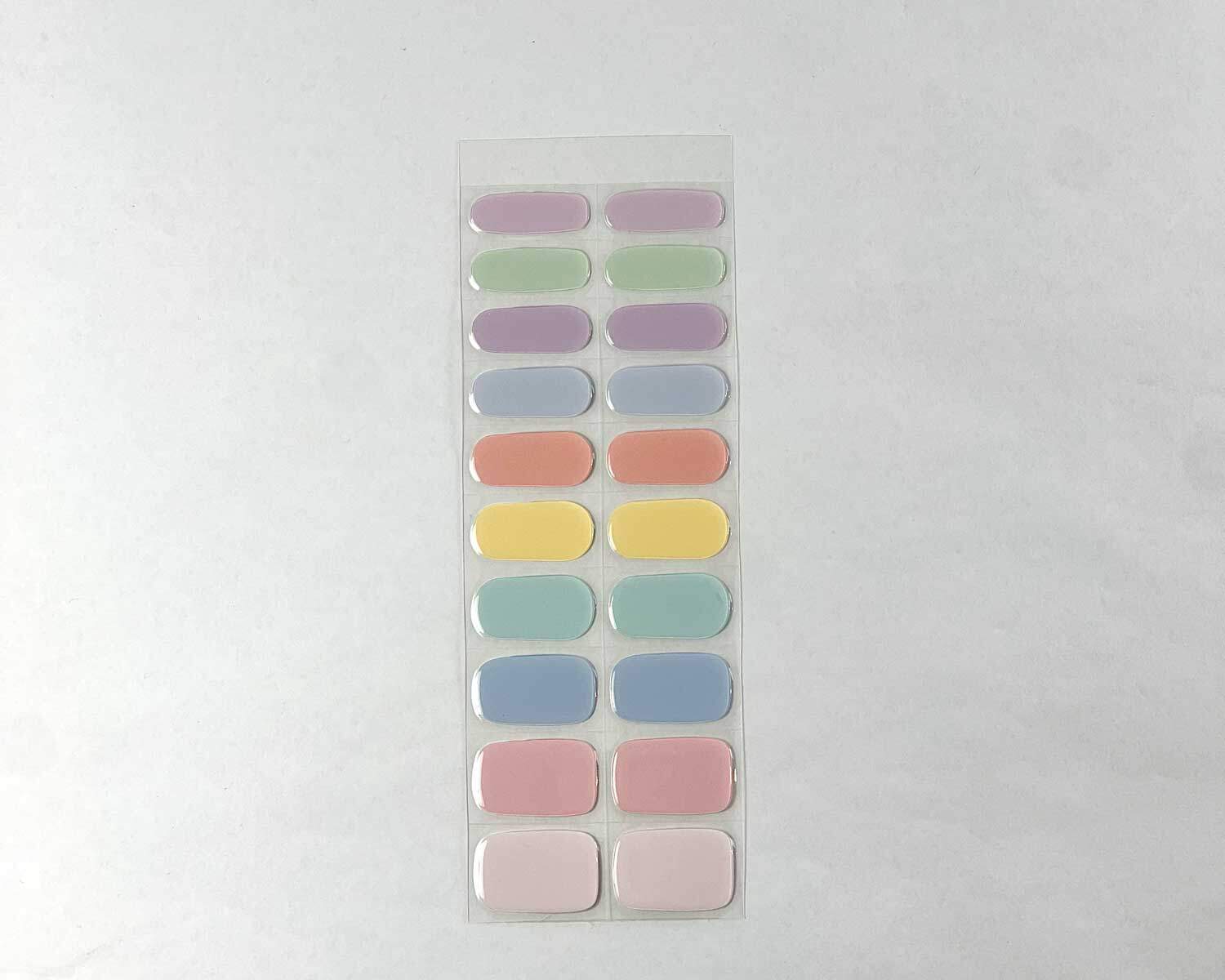 Candy bar rainbow semi-cured gel nails strip showing 20 pieces with 10 different sizes on white background