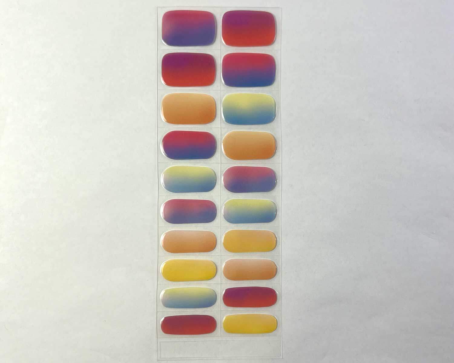 Rainbow sunset semi-cured gel nails strip showing 20 pieces with 10 different sizes on white background