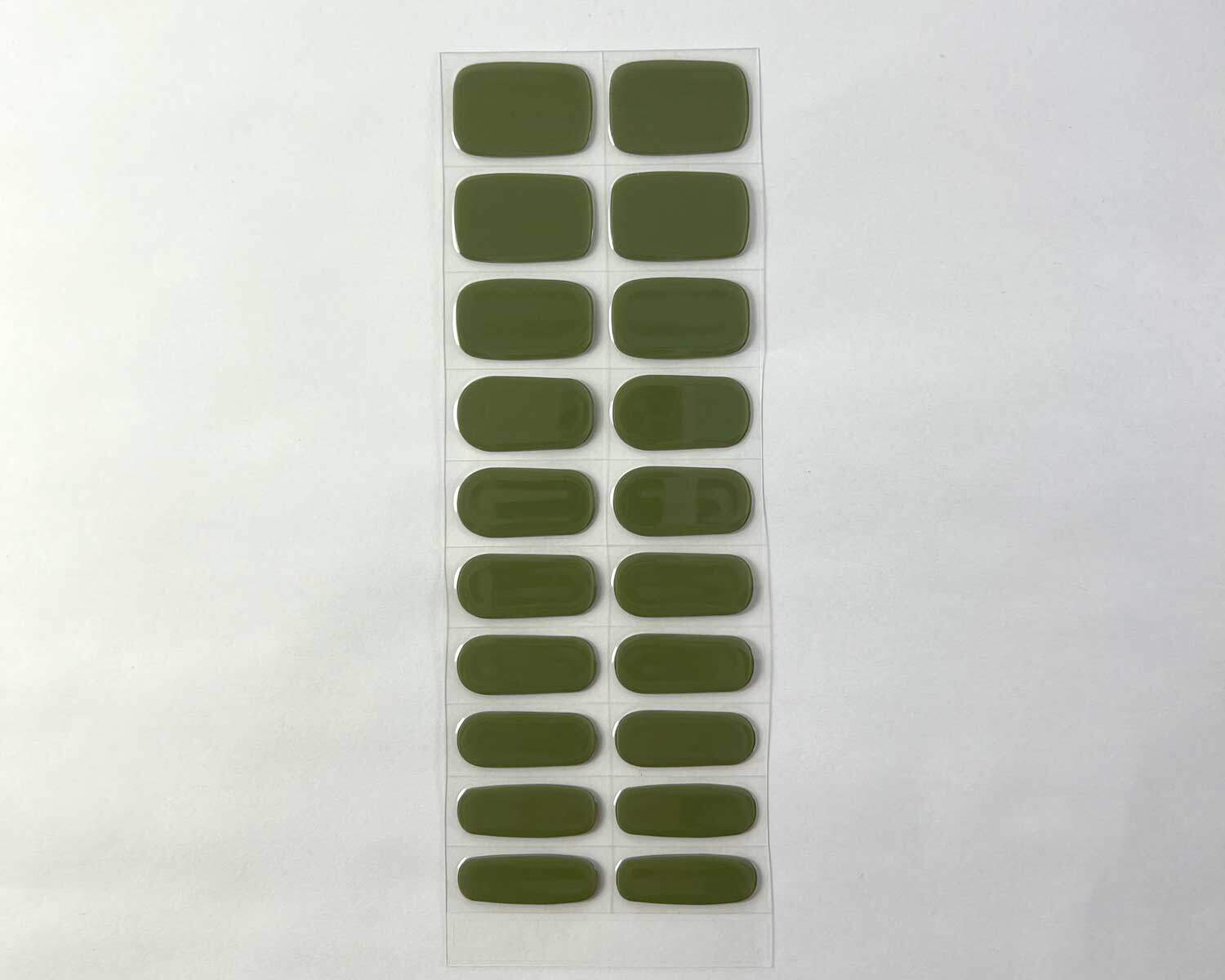 Olive green semi-cured gel nails strip showing 20 pieces with 10 different sizes on white background