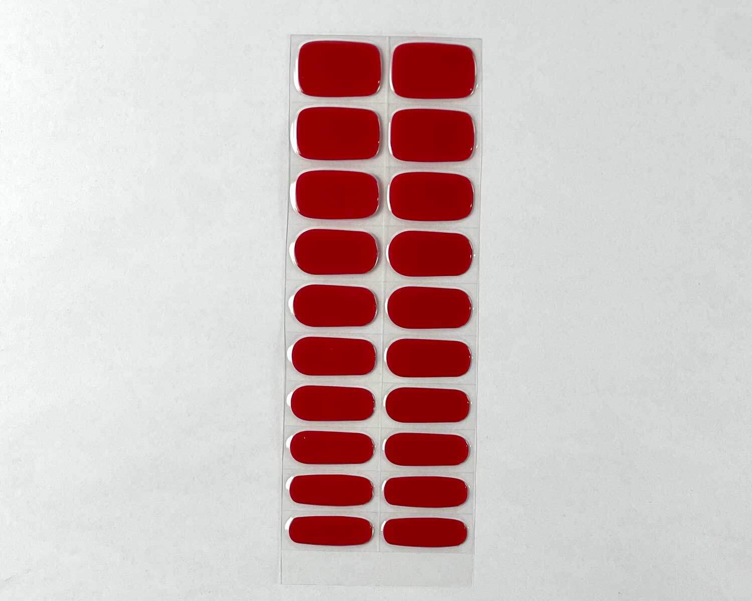 Vixen red semi-cured gel nails strip showing 20 pieces with 10 different sizes on white background