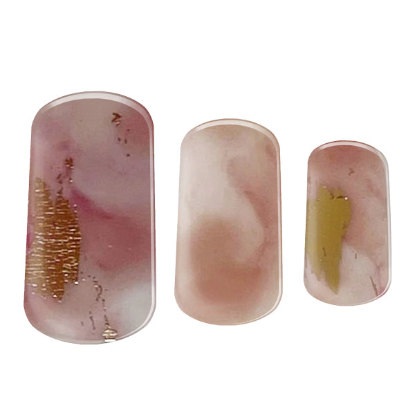peach pinks with gold flecks Semi-cured gel nails feature an image showing 3 sizes snapshot on white background