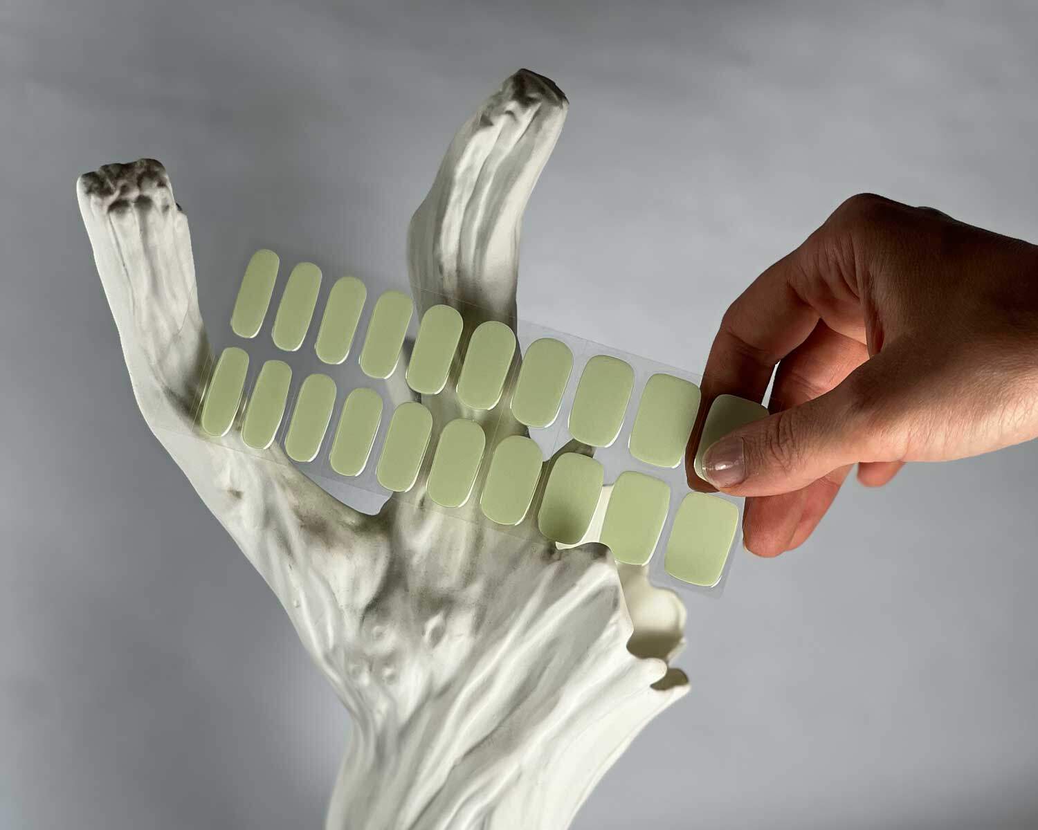 Pistachio green semi-cured gel nails in mockup to show product against white textured tree