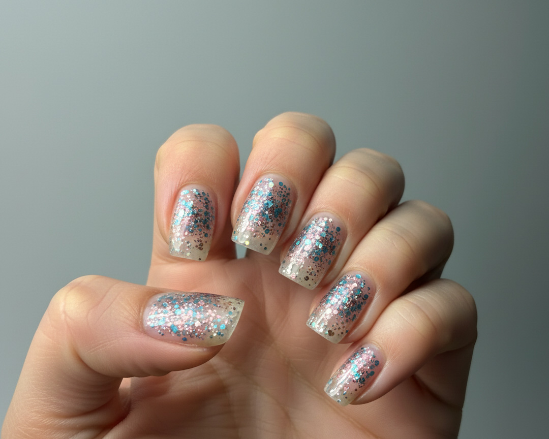 glitter-bomb-semi-cured-gel-nails-on-hand Semi-cured gel nail wraps in glitter bomb on customers hand